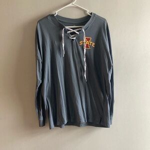 Gray Long Sleeve Shirt with Lace-Up Neck